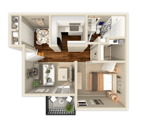 A 3D floor plan of a house with a kitchen, living room, and bathroom.