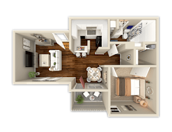 A 3D floor plan of a house with multiple rooms and furniture.