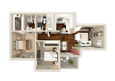 A 3D floor plan of a house showing the layout of the rooms.