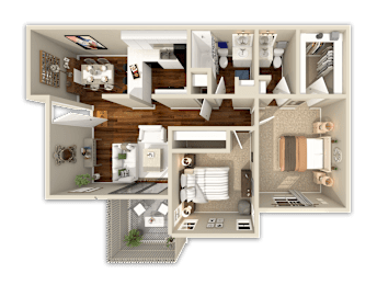 A detailed 3D floor plan of a two-bedroom apartment.