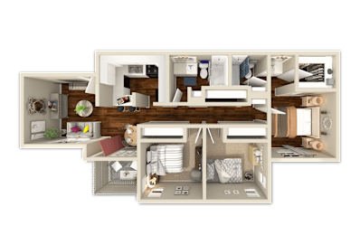 A detailed 3D floor plan of a two-bedroom apartment.