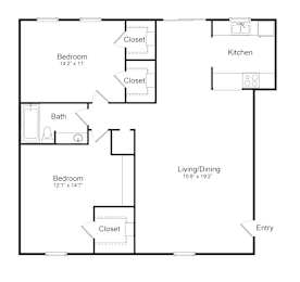 A floor plan of a home with a living room, dining room, kitchen, two bedrooms, and a bathroom.