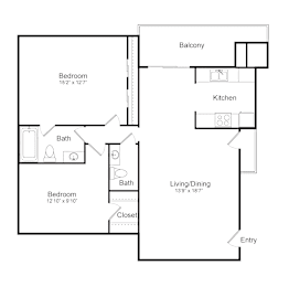 A floor plan of a home with two bedrooms, a kitchen, a living/dining area, and a balcony.