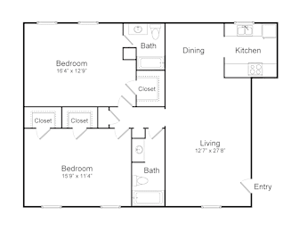 A black and white image of a floor plan for a two bedroom apartment.