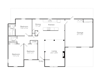 A floor plan of a house with a garage, two bedrooms, a dining room, a kitchen, a living room, and a bathroom.
