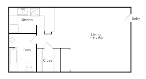 A floor plan of a small apartment with a kitchen, bath, closet, and living room.