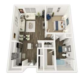 A top-down view of a modern apartment layout with a kitchen, living room, and bedroom.