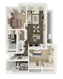 A 3D floor plan of a small apartment with a kitchen, living room, and bathroom.