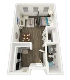 A 3D rendering of a small, modern apartment with a kitchen, living room, and bathroom.