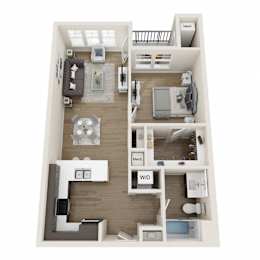 A floor plan of a one bedroom apartment with a living room, kitchen, and bathroom.