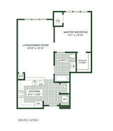 A floor plan of a main living area showing a master bedroom, a living/dining room, a kitchen, and a bathroom.