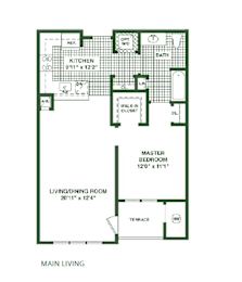 A floor plan of a house with a kitchen, living room, and bathroom.