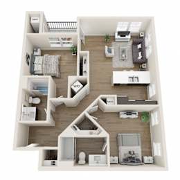 A 3D floor plan of a house with labeled rooms.
