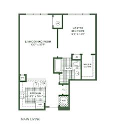A floor plan of a main living area showing a living/dining room, kitchen, bath, and two bedrooms.
