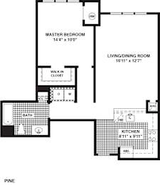 A floor plan of a house with a master bedroom, living/dining room, kitchen, and bathroom.