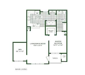 A floor plan of a house with a kitchen, living room, dining room, terrace, and two bedrooms.
