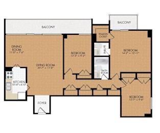A floor plan of a house with a balcony, two bedrooms, a living room, a dining room, a kitchen, a foyer, and a bathroom.