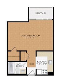 A floor plan of a home with a living room, kitchen, bathroom, and foyer.
