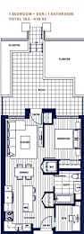 A floor plan of a one bedroom apartment with den and bathroom.