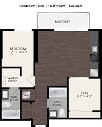 A floor plan of a one bedroom apartment with den and bathroom.