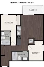 A floor plan of a 2 bedroom, 1 bathroom apartment with a balcony.