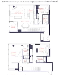 A floor plan of a house with 3 bedrooms, 3 bathrooms, and a total space of 1829 square feet.