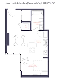 A floor plan of a studio apartment with a living room, kitchen, and bathroom.