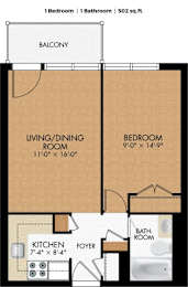 A floor plan of a one bedroom apartment with a balcony, living/dining room, bedroom, bathroom, kitchen, and foyer.