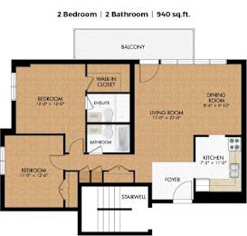 A floor plan of a 2 bedroom, 2 bathroom apartment sized 940 sq.ft.