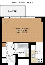A floor plan of a studio apartment with a living/dining bedroom, a bathroom, a kitchen, and a foyer.