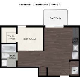 A floor plan of a one bedroom apartment with a bathroom and balcony.