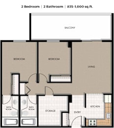 A floor plan of a 2 bedroom, 2 bathroom apartment sized 835-1,000 sq.ft.