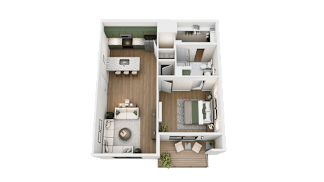 A top-down view of a house layout with a living room, kitchen, dining area, and bedrooms.