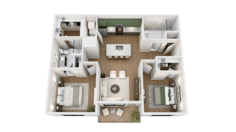 A top-down view of a modern apartment layout with a central living area and bedrooms.