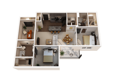 a 3d rendered floor plan of a one bedroom apartment