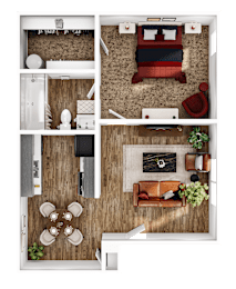 A top-down view of a living room, kitchen, and dining area.