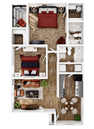 A top-down view of a living room with a couch, coffee table, and kitchen area.