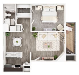 a 1 bedroom floor plan with a bathroom and a balcony