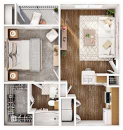 A series of images showing different views of a modern, minimalist bedroom and bathroom.