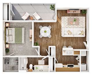 A top-down view of a living room, kitchen, and dining area.