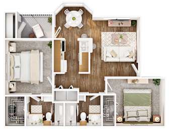 A top-down view of a small apartment layout with a kitchen, living room, and bathroom.