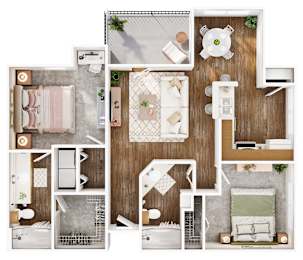 A top-down view of a small apartment layout with a kitchen, living room, and bathroom.