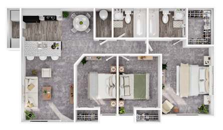 a 2 bedroom apartment with bedroom furniture and a bathroom