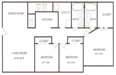 Three Bedroom-Two Bath Floorplan at Windover Oaks Apartments, Titusville