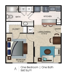 A0 One Bedroom, One Bath Floorplan at Waters at Elm Creek, Texas