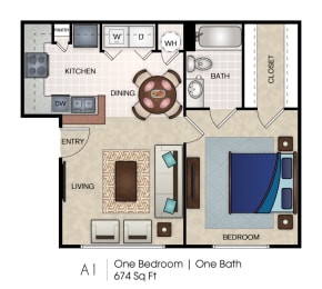 A1 One Bedroom, One Bath Floorplan at Waters at Elm Creek, Texas 78230
