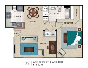 A2 One Bedroom, One Bath Floorplan at Waters at Elm Creek, San Antonio, TX 78230