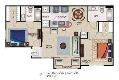 B1 Two Bedroom, Two Bath Floorplan at Waters at Elm Creek, San Antonio, TX