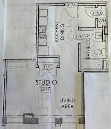 a drawing of a floor plan for a studio apartment