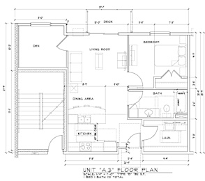 A drawing of a floor plan for a unit with a bed and bath.